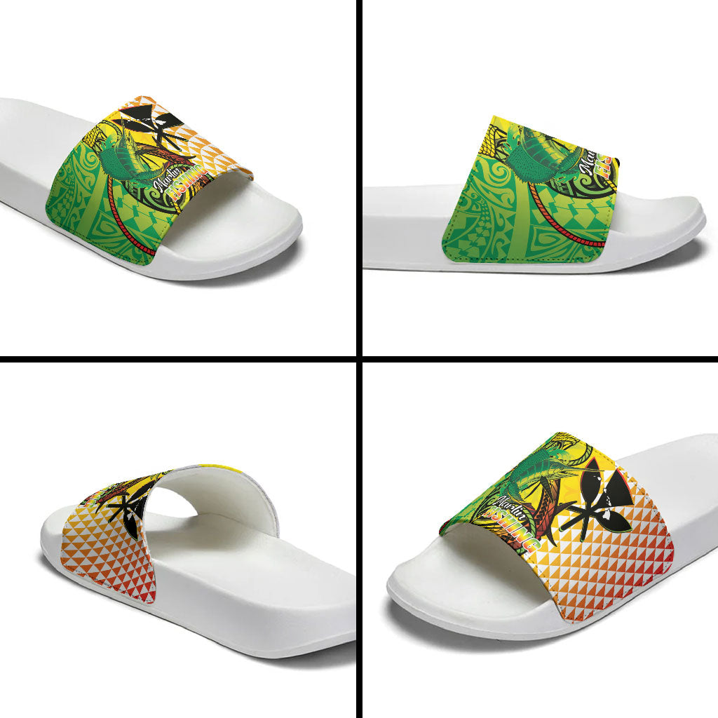Hawaii Blue Marlin Fishing Slide Sandals Hawaiian Kanaka Kakau Reggae