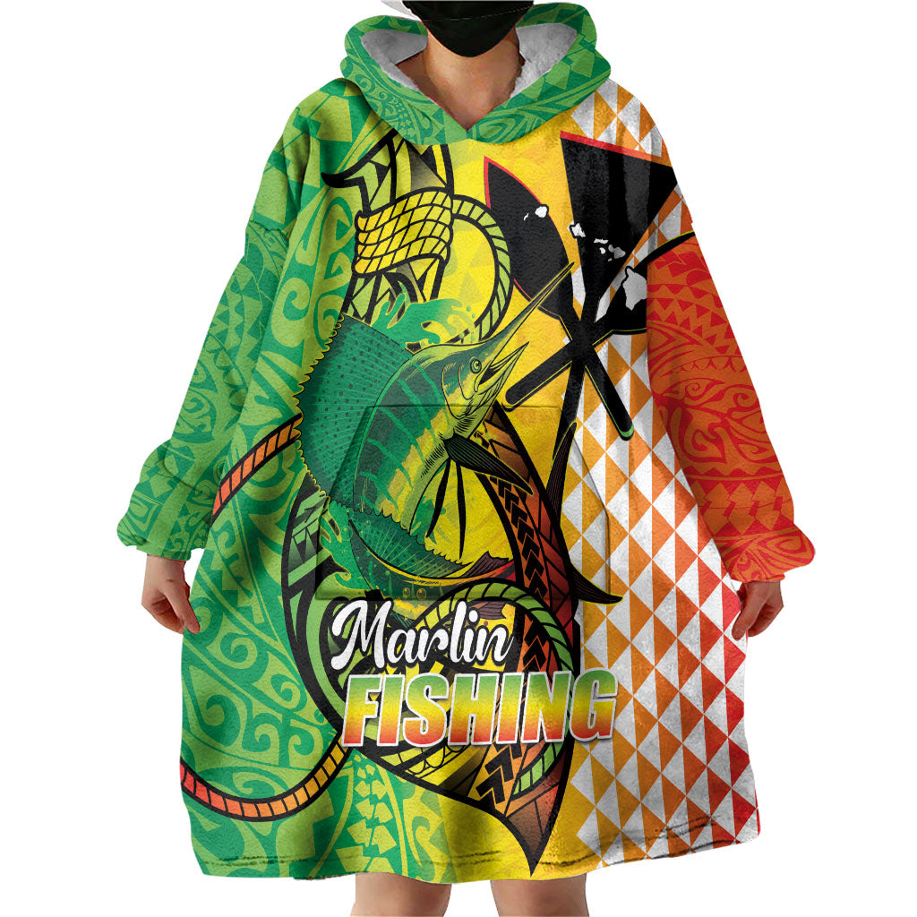 Hawaii Blue Marlin Fishing Wearable Blanket Hoodie Hawaiian Kanaka Kakau Reggae LT14 - Polynesian Pride
