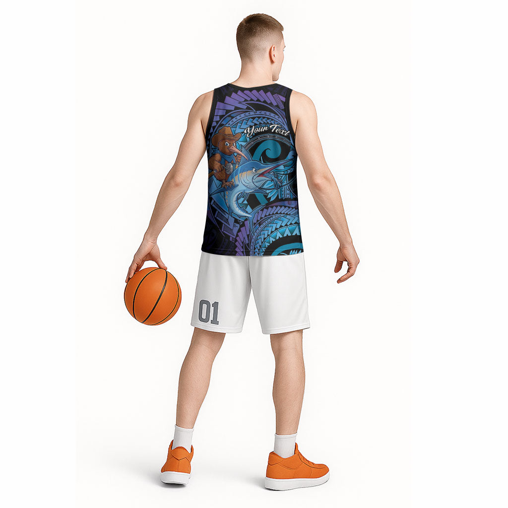 Personalised Blue Marlin Fishing New Zealand Basketball Jersey NZ Kiwi Cowboy Born To Fish LT14 - Polynesian Pride