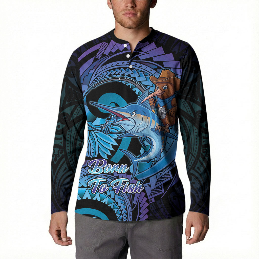 Personalised Blue Marlin Fishing New Zealand Button Sweatshirt NZ Kiwi Cowboy Born To Fish LT14 - Polynesian Pride
