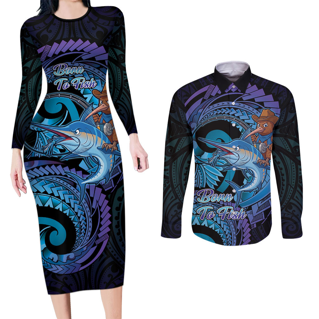 Personalised Blue Marlin Fishing New Zealand Couples Matching Long Sleeve Bodycon Dress and Long Sleeve Button Shirt NZ Kiwi Cowboy Born To Fish