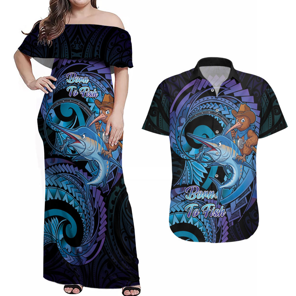 Personalised Blue Marlin Fishing New Zealand Couples Matching Off Shoulder Maxi Dress and Hawaiian Shirt NZ Kiwi Cowboy Born To Fish