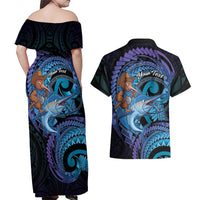 Personalised Blue Marlin Fishing New Zealand Couples Matching Off Shoulder Maxi Dress and Hawaiian Shirt NZ Kiwi Cowboy Born To Fish LT14 - Polynesian Pride