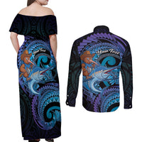 Personalised Blue Marlin Fishing New Zealand Couples Matching Off Shoulder Maxi Dress and Long Sleeve Button Shirt NZ Kiwi Cowboy Born To Fish LT14 - Polynesian Pride