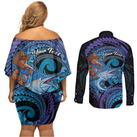 Personalised Blue Marlin Fishing New Zealand Couples Matching Off Shoulder Short Dress and Long Sleeve Button Shirt NZ Kiwi Cowboy Born To Fish LT14 - Polynesian Pride