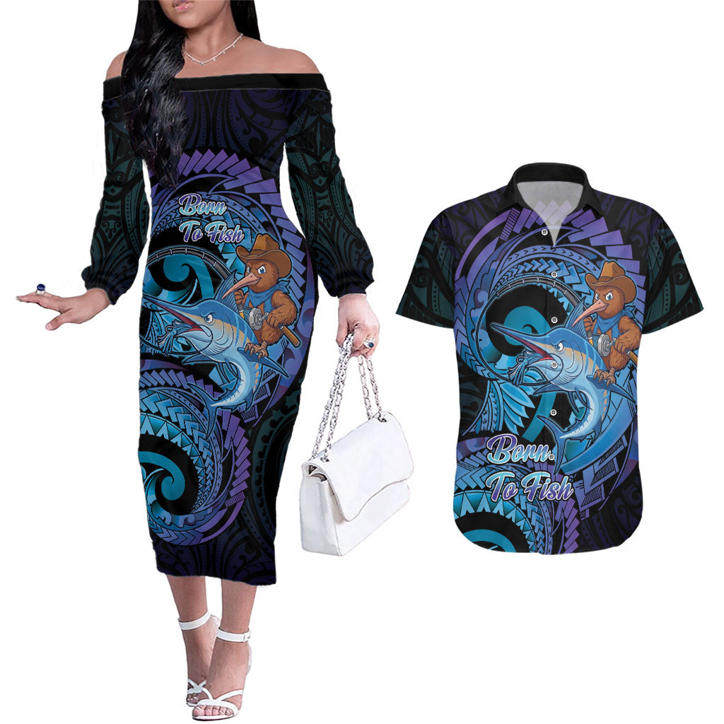 Personalised Blue Marlin Fishing New Zealand Couples Matching Off The Shoulder Long Sleeve Dress and Hawaiian Shirt NZ Kiwi Cowboy Born To Fish LT14 Purple - Polynesian Pride
