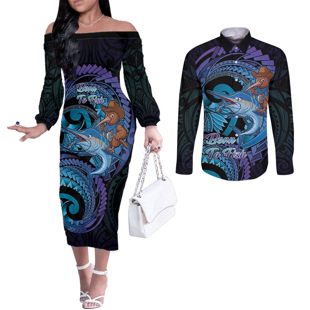 Personalised Blue Marlin Fishing New Zealand Couples Matching Off The Shoulder Long Sleeve Dress and Long Sleeve Button Shirt NZ Kiwi Cowboy Born To Fish