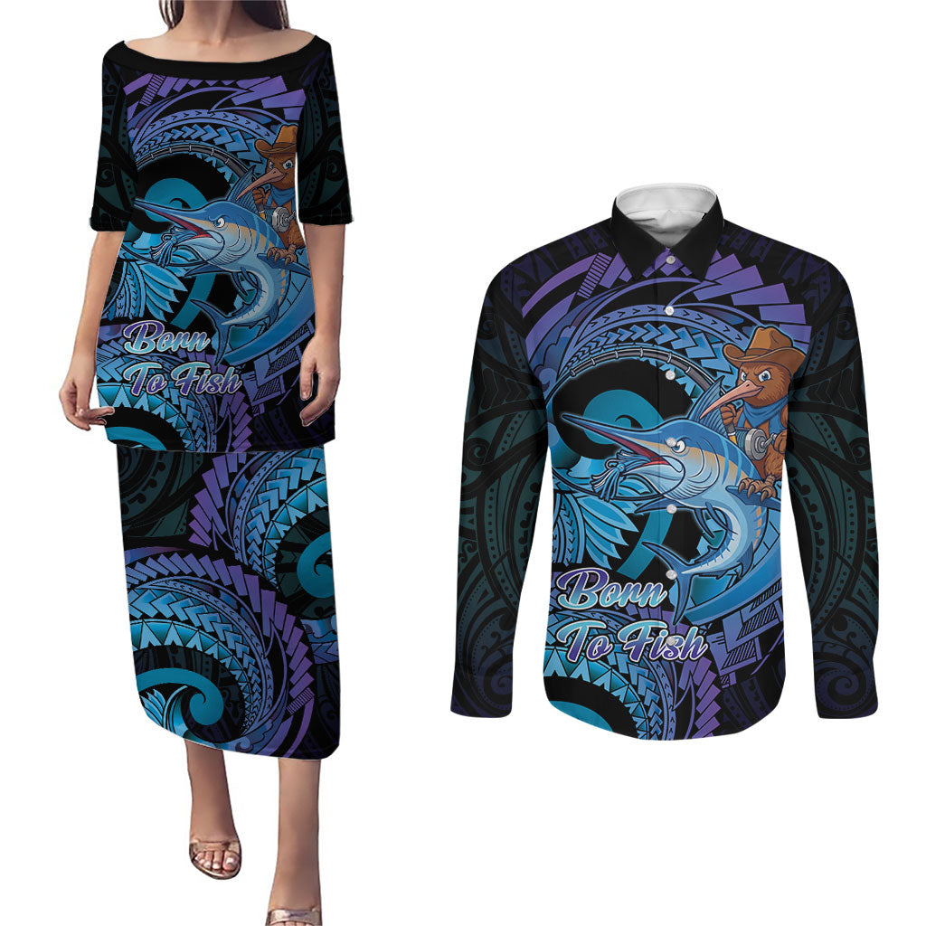 Personalised Blue Marlin Fishing New Zealand Couples Matching Puletasi and Long Sleeve Button Shirt NZ Kiwi Cowboy Born To Fish LT14 Purple - Polynesian Pride