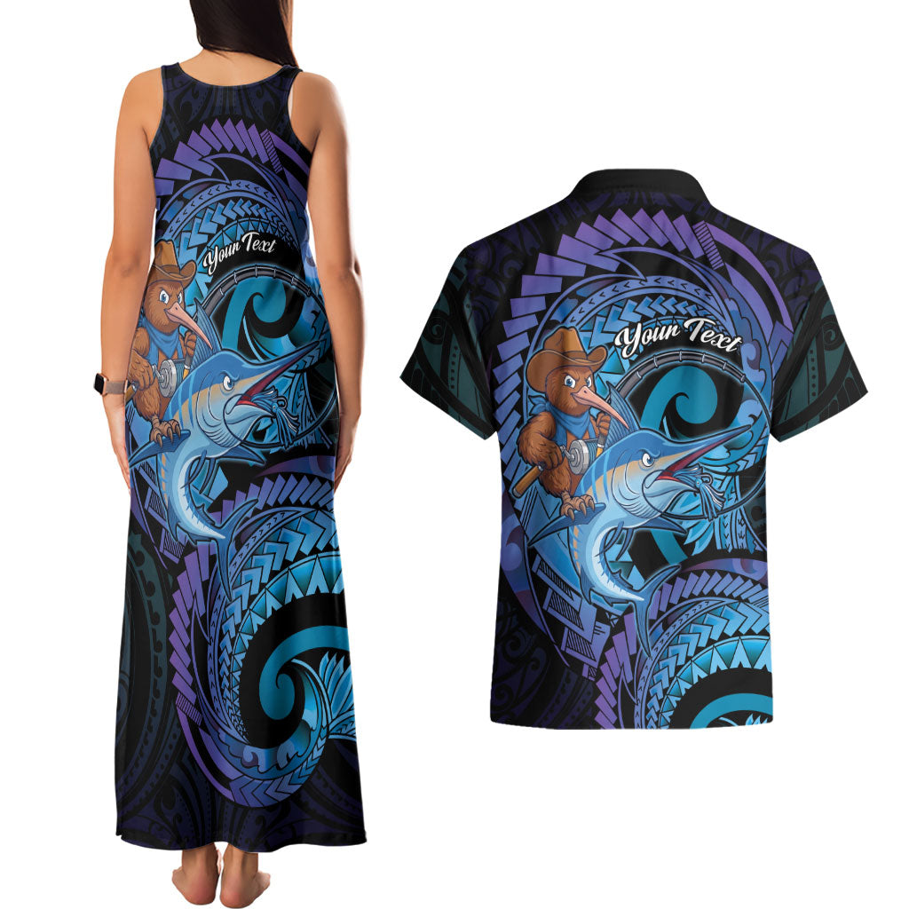 Personalised Blue Marlin Fishing New Zealand Couples Matching Tank Maxi Dress and Hawaiian Shirt NZ Kiwi Cowboy Born To Fish LT14 - Polynesian Pride