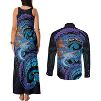Personalised Blue Marlin Fishing New Zealand Couples Matching Tank Maxi Dress and Long Sleeve Button Shirt NZ Kiwi Cowboy Born To Fish LT14 - Polynesian Pride