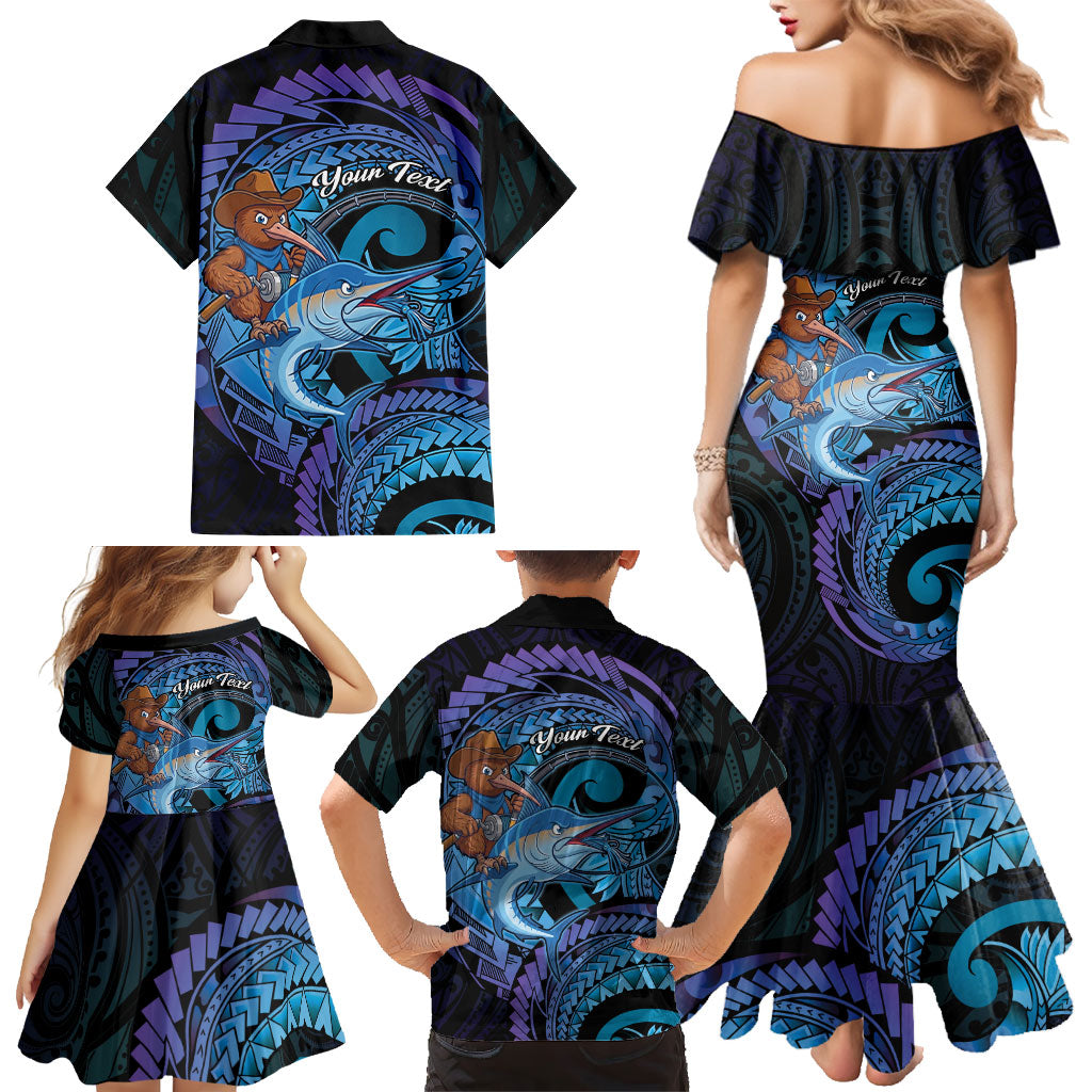Personalised Blue Marlin Fishing New Zealand Family Matching Mermaid Dress and Hawaiian Shirt NZ Kiwi Cowboy Born To Fish LT14 - Polynesian Pride