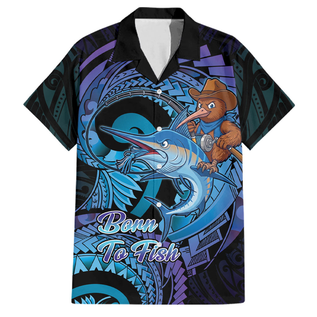Personalised Blue Marlin Fishing New Zealand Family Matching Mermaid Dress and Hawaiian Shirt NZ Kiwi Cowboy Born To Fish LT14 Dad's Shirt - Short Sleeve Purple - Polynesian Pride