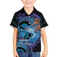 Personalised Blue Marlin Fishing New Zealand Family Matching Off Shoulder Maxi Dress and Hawaiian Shirt NZ Kiwi Cowboy Born To Fish LT14 Son's Shirt Purple - Polynesian Pride