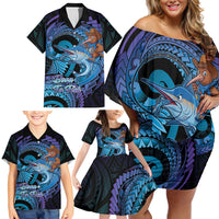 Personalised Blue Marlin Fishing New Zealand Family Matching Off Shoulder Short Dress and Hawaiian Shirt NZ Kiwi Cowboy Born To Fish LT14 - Polynesian Pride
