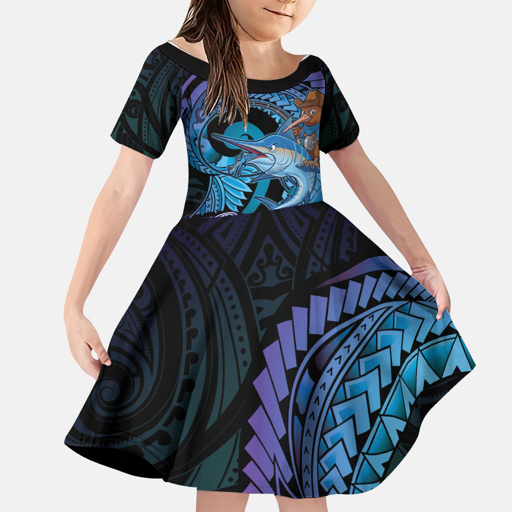 Personalised Blue Marlin Fishing New Zealand Family Matching Summer Maxi Dress and Hawaiian Shirt NZ Kiwi Cowboy Born To Fish LT14 Daughter's Dress Purple - Polynesian Pride