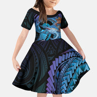 Personalised Blue Marlin Fishing New Zealand Family Matching Summer Maxi Dress and Hawaiian Shirt NZ Kiwi Cowboy Born To Fish LT14 Daughter's Dress Purple - Polynesian Pride