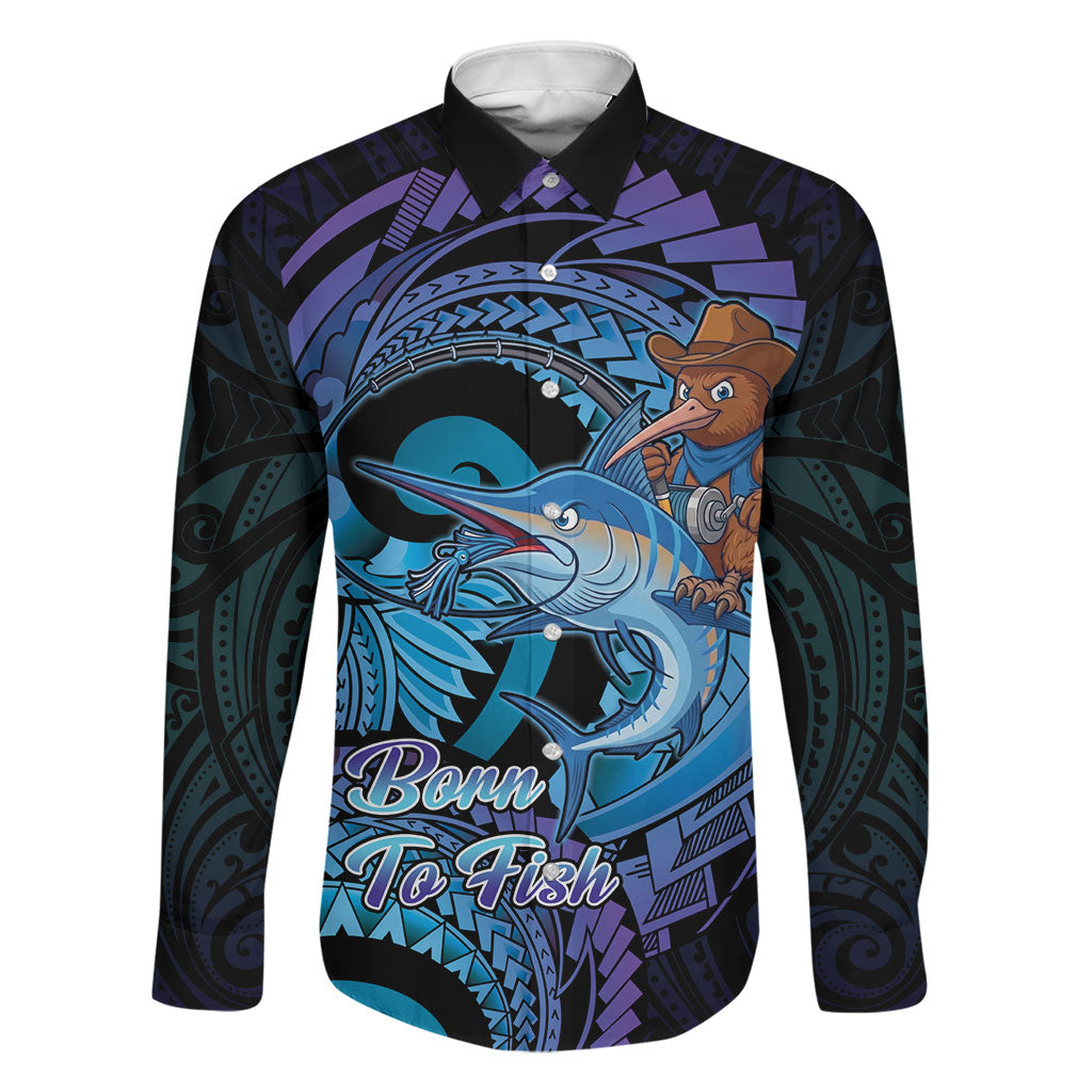 Personalised Blue Marlin Fishing New Zealand Family Matching Summer Maxi Dress and Hawaiian Shirt NZ Kiwi Cowboy Born To Fish LT14 Dad's Shirt - Long Sleeve Purple - Polynesian Pride
