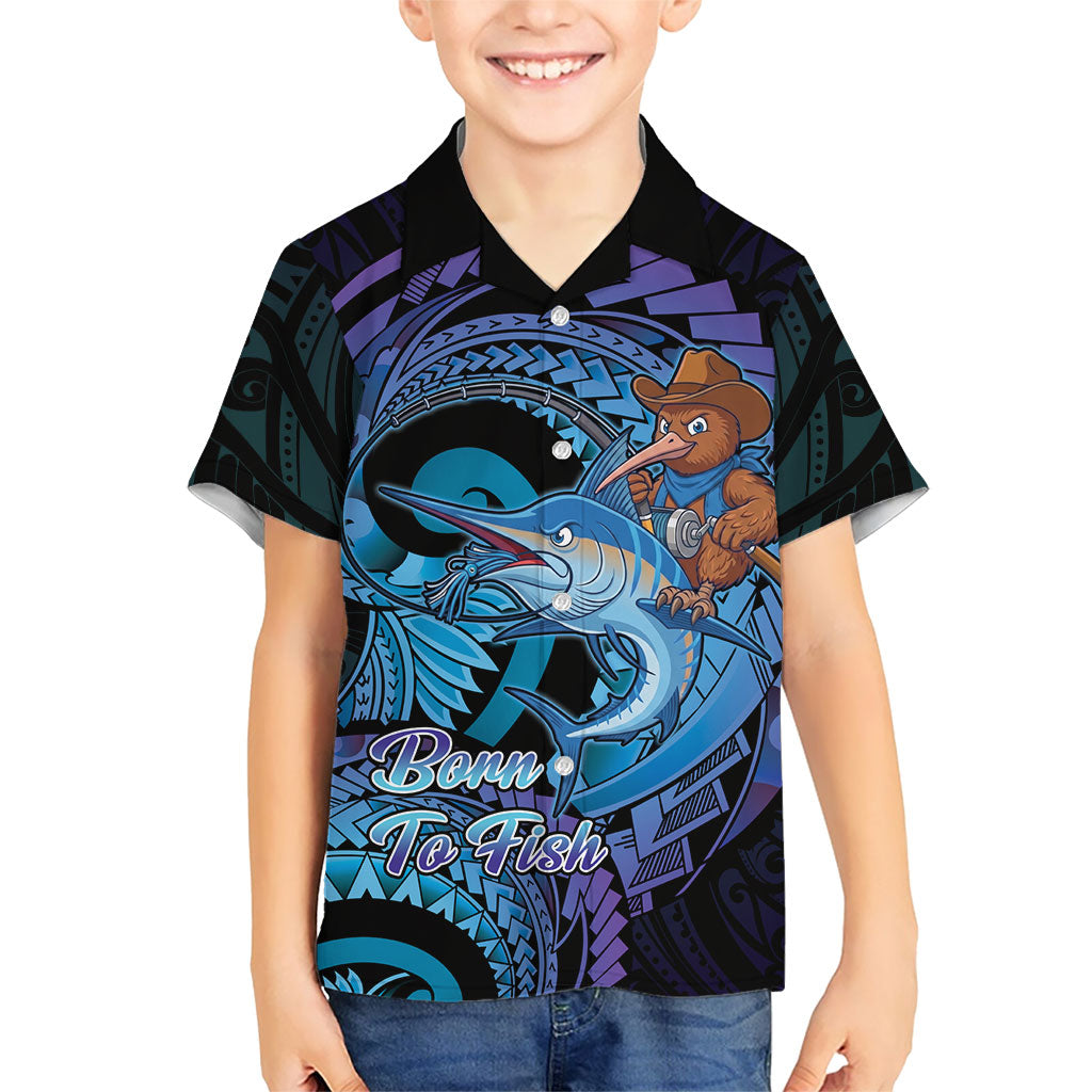 Personalised Blue Marlin Fishing New Zealand Family Matching Summer Maxi Dress and Hawaiian Shirt NZ Kiwi Cowboy Born To Fish LT14 Son's Shirt Purple - Polynesian Pride