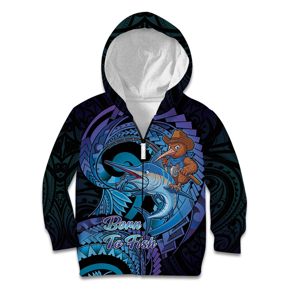 Personalised Blue Marlin Fishing New Zealand Kid Hoodie NZ Kiwi Cowboy Born To Fish LT14 Zip Hoodie Purple - Polynesian Pride