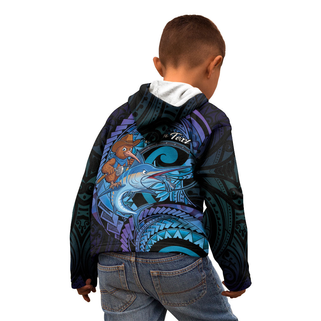 Personalised Blue Marlin Fishing New Zealand Kid Hoodie NZ Kiwi Cowboy Born To Fish LT14 - Polynesian Pride