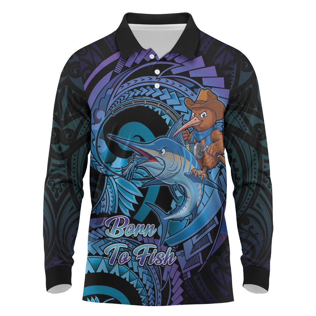 Personalised Blue Marlin Fishing New Zealand Long Sleeve Polo Shirt NZ Kiwi Cowboy Born To Fish LT14 Purple - Polynesian Pride