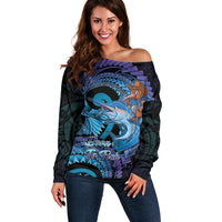 Personalised Blue Marlin Fishing New Zealand Off Shoulder Sweater NZ Kiwi Cowboy Born To Fish LT14 Women Purple - Polynesian Pride