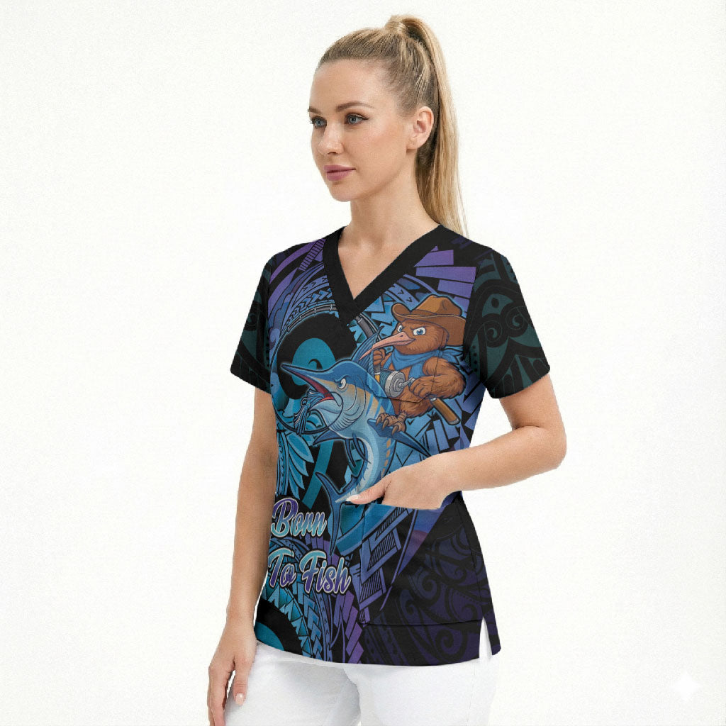 Personalised Blue Marlin Fishing New Zealand Scrub Top NZ Kiwi Cowboy Born To Fish LT14 - Polynesian Pride
