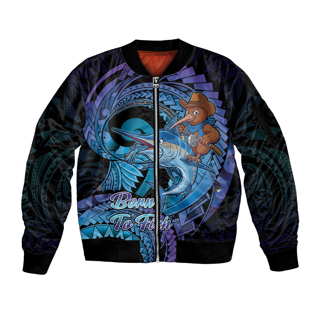 Personalised Blue Marlin Fishing New Zealand Sleeve Zip Bomber Jacket NZ Kiwi Cowboy Born To Fish LT14 Unisex Purple - Polynesian Pride