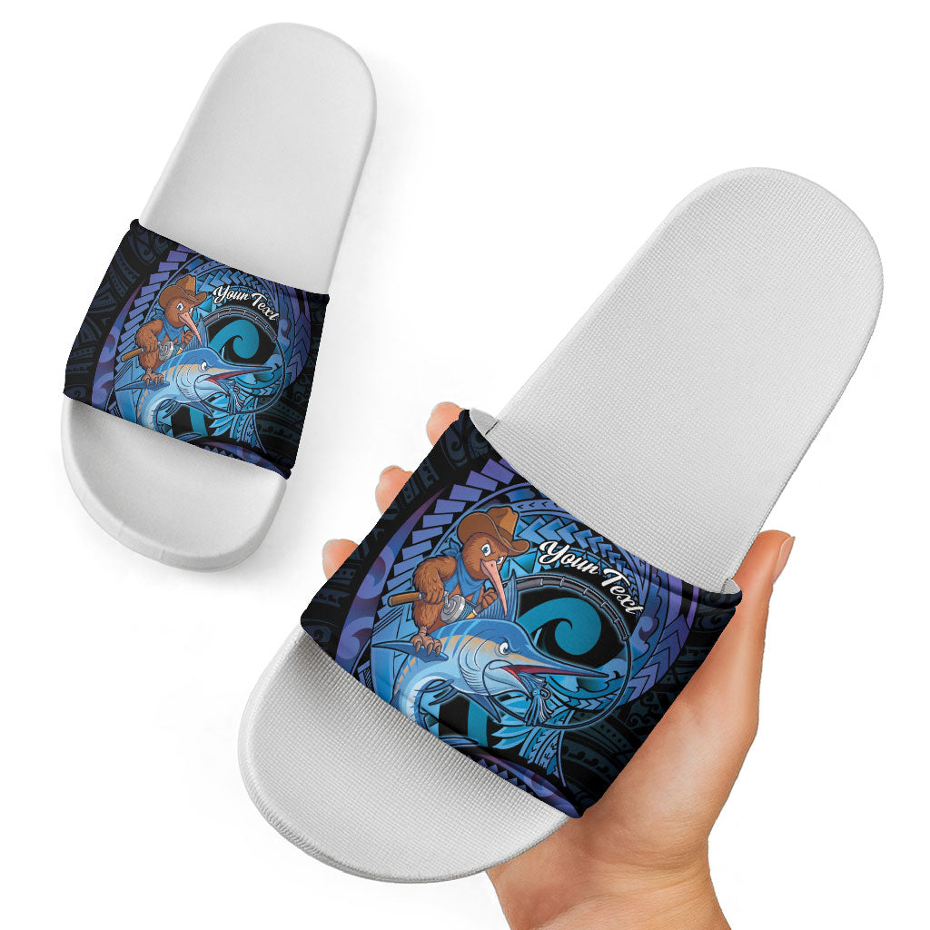 Personalised Blue Marlin Fishing New Zealand Slide Sandals NZ Kiwi Cowboy Born To Fish LT14 - Polynesian Pride