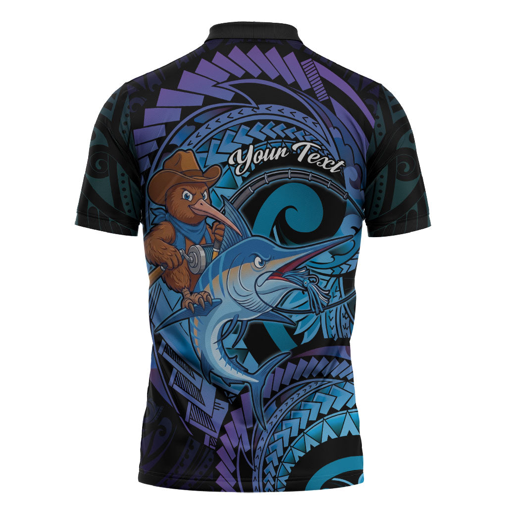 Personalised Blue Marlin Fishing New Zealand Zipper Polo Shirt NZ Kiwi Cowboy Born To Fish LT14 - Polynesian Pride