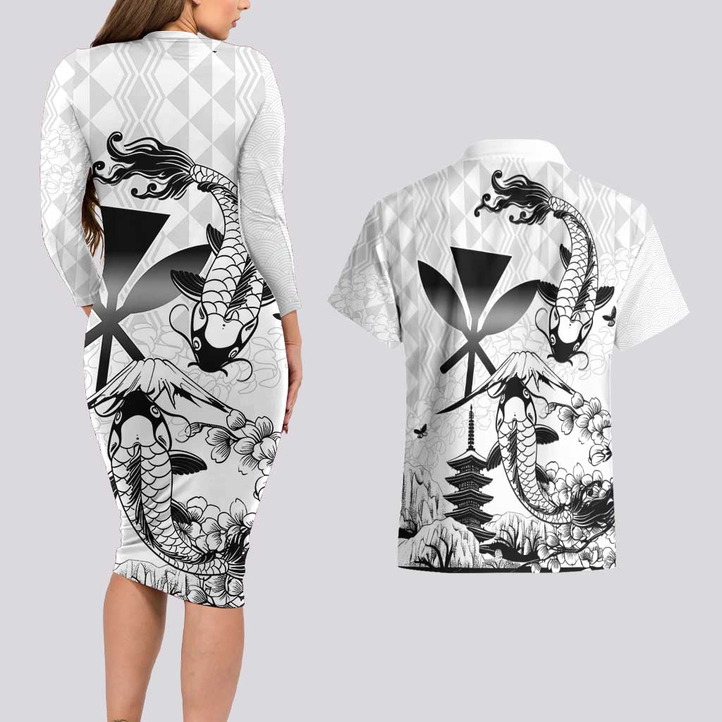 Japan And Hawaii Couples Matching Long Sleeve Bodycon Dress and Hawaiian Shirt Sakura Koi Fish Hawaiian Lei Kanaka - Polynesian Pride