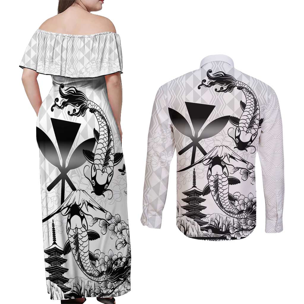Japan And Hawaii Couples Matching Off Shoulder Maxi Dress and Long Sleeve Button Shirt Sakura Koi Fish Hawaiian Lei Kanaka - Polynesian Pride