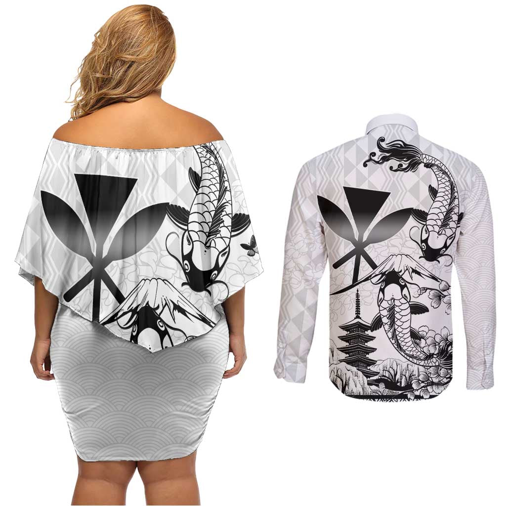 Japan And Hawaii Couples Matching Off Shoulder Short Dress and Long Sleeve Button Shirt Sakura Koi Fish Hawaiian Lei Kanaka - Polynesian Pride