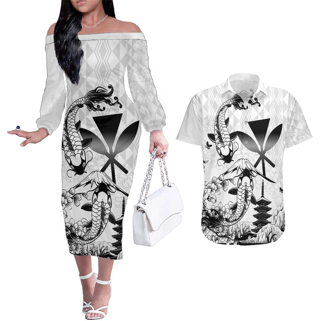 Japan And Hawaii Couples Matching Off The Shoulder Long Sleeve Dress and Hawaiian Shirt Sakura Koi Fish Hawaiian Lei Kanaka - Polynesian Pride