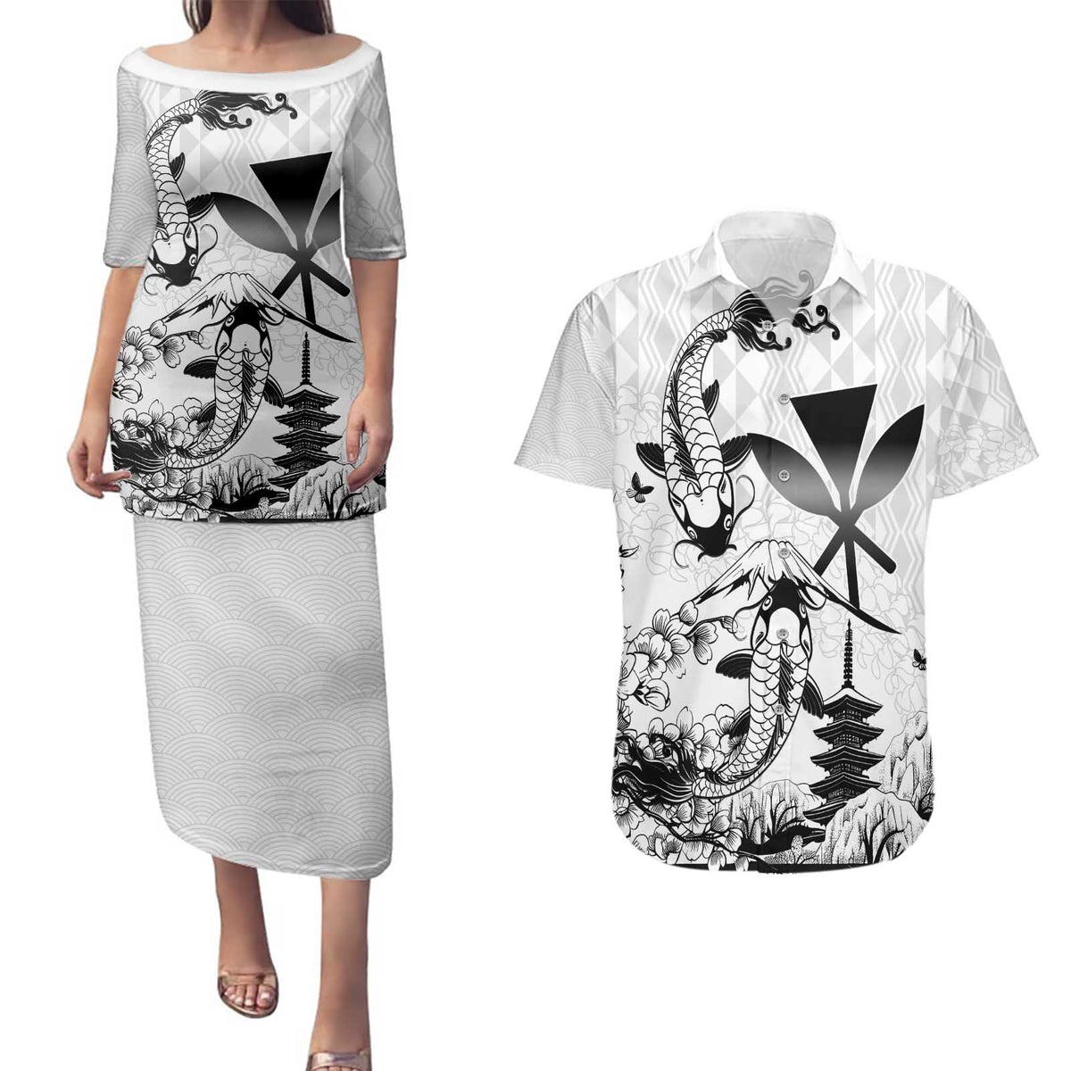 Japan And Hawaii Couples Matching Puletasi and Hawaiian Shirt Sakura Koi Fish Hawaiian Lei Kanaka LT14 White - Polynesian Pride