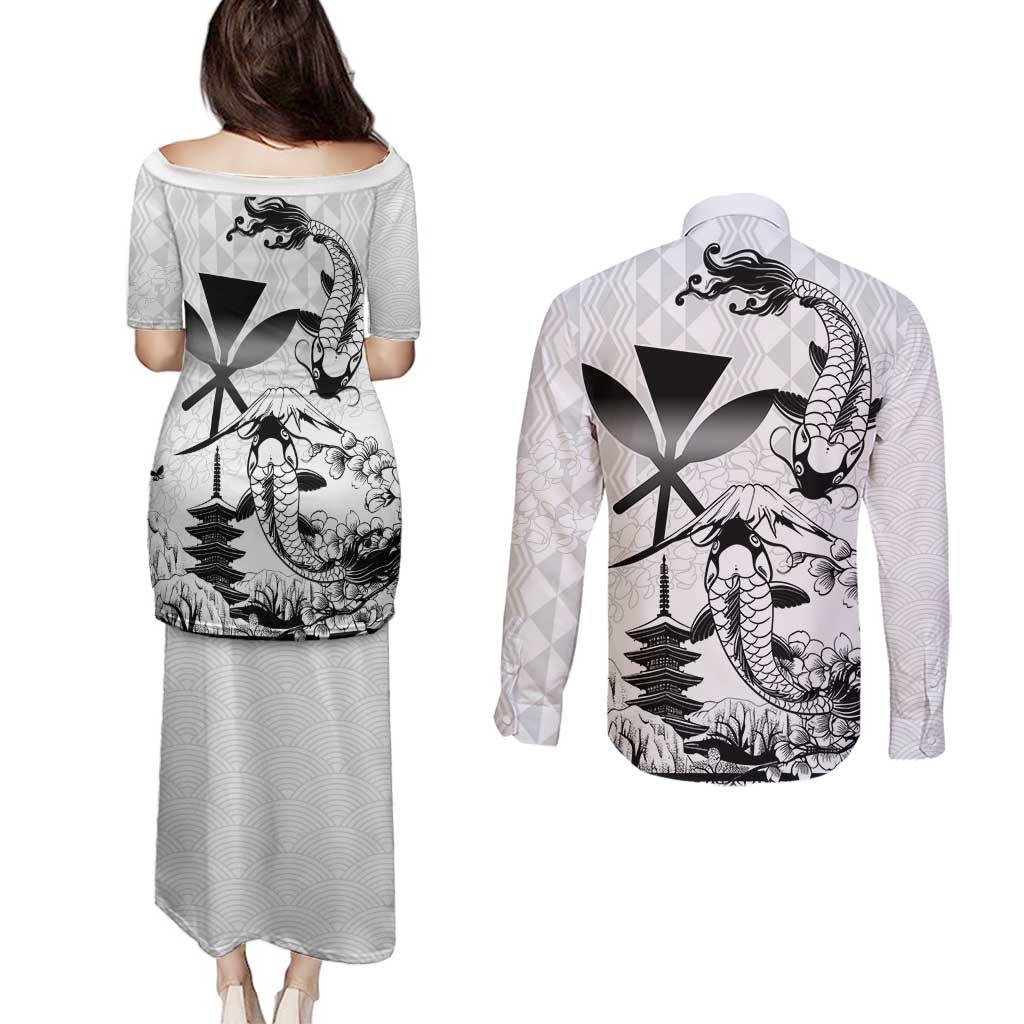 Japan And Hawaii Couples Matching Puletasi and Long Sleeve Button Shirt Sakura Koi Fish Hawaiian Lei Kanaka LT14 - Polynesian Pride