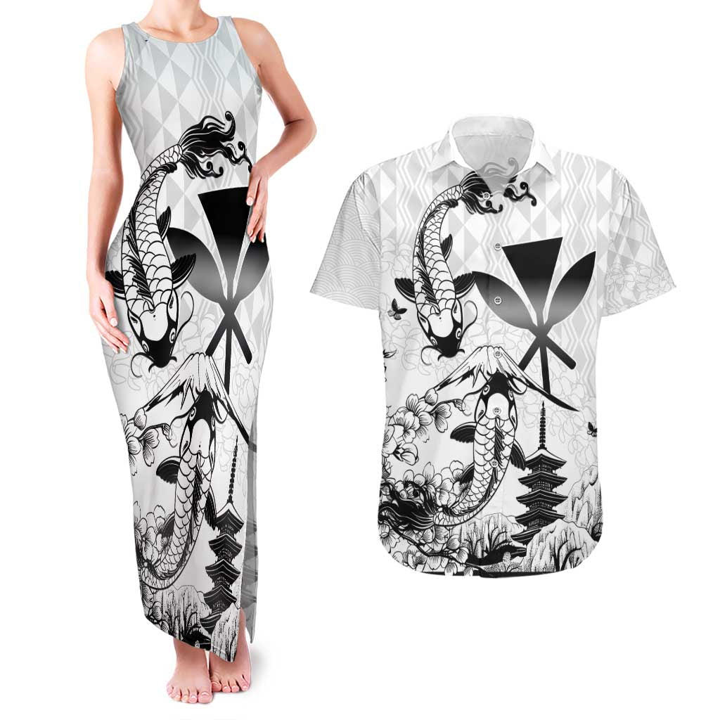 Japan And Hawaii Couples Matching Tank Maxi Dress and Hawaiian Shirt Sakura Koi Fish Hawaiian Lei Kanaka - Polynesian Pride