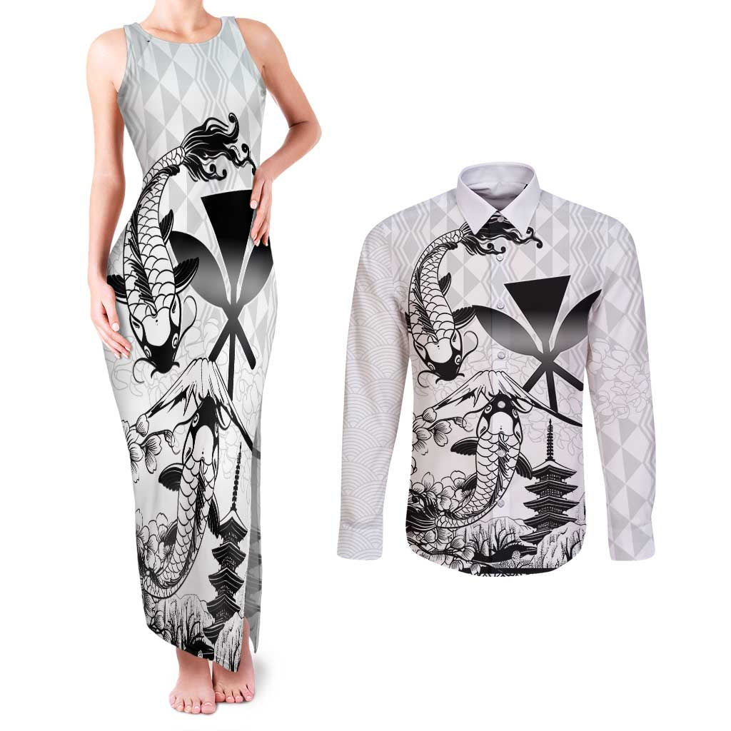 Japan And Hawaii Couples Matching Tank Maxi Dress and Long Sleeve Button Shirt Sakura Koi Fish Hawaiian Lei Kanaka - Polynesian Pride