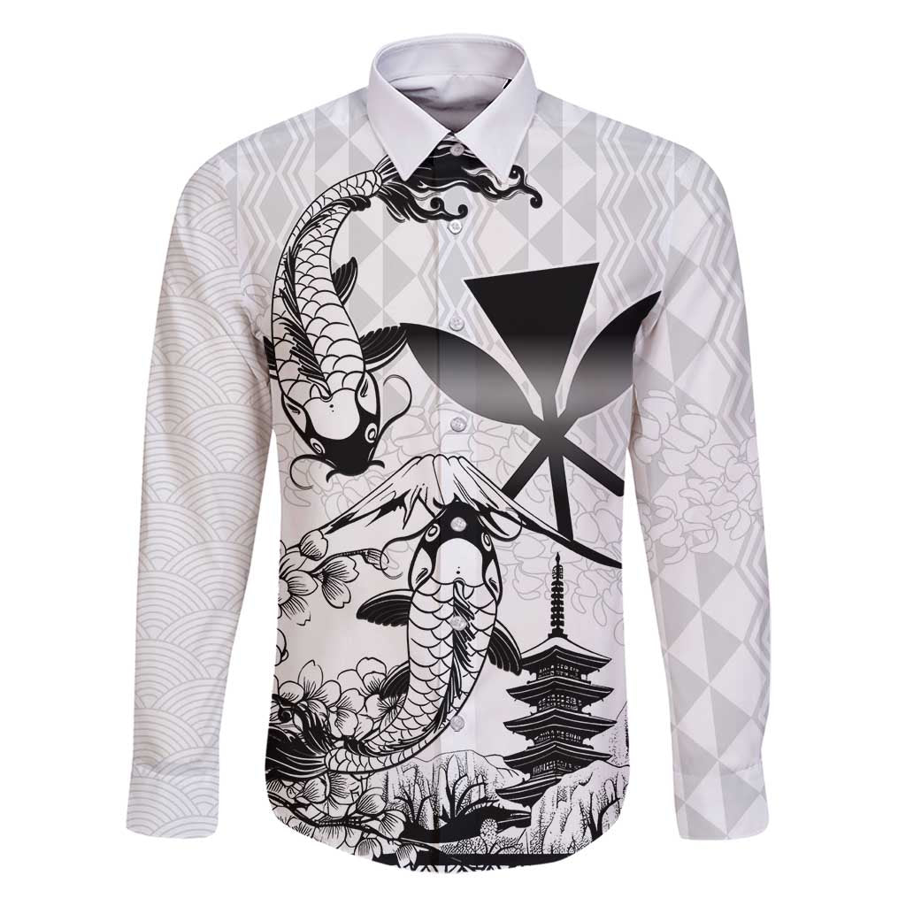 Japan And Hawaii Family Matching Mermaid Dress and Hawaiian Shirt Sakura Koi Fish Hawaiian Lei Kanaka LT14 Dad's Shirt - Long Sleeve White - Polynesian Pride