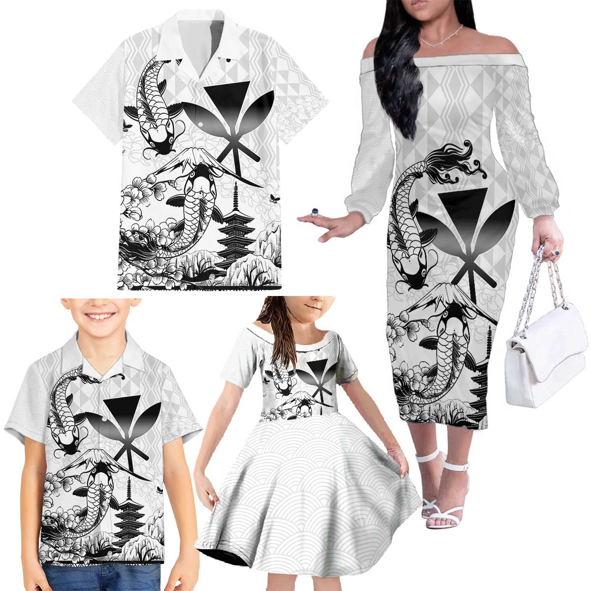 Japan And Hawaii Family Matching Off The Shoulder Long Sleeve Dress and Hawaiian Shirt Sakura Koi Fish Hawaiian Lei Kanaka - Polynesian Pride