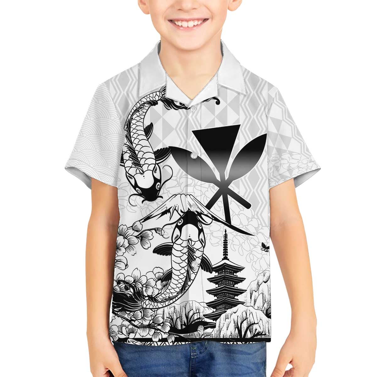 Japan And Hawaii Family Matching Off The Shoulder Long Sleeve Dress and Hawaiian Shirt Sakura Koi Fish Hawaiian Lei Kanaka - Polynesian Pride