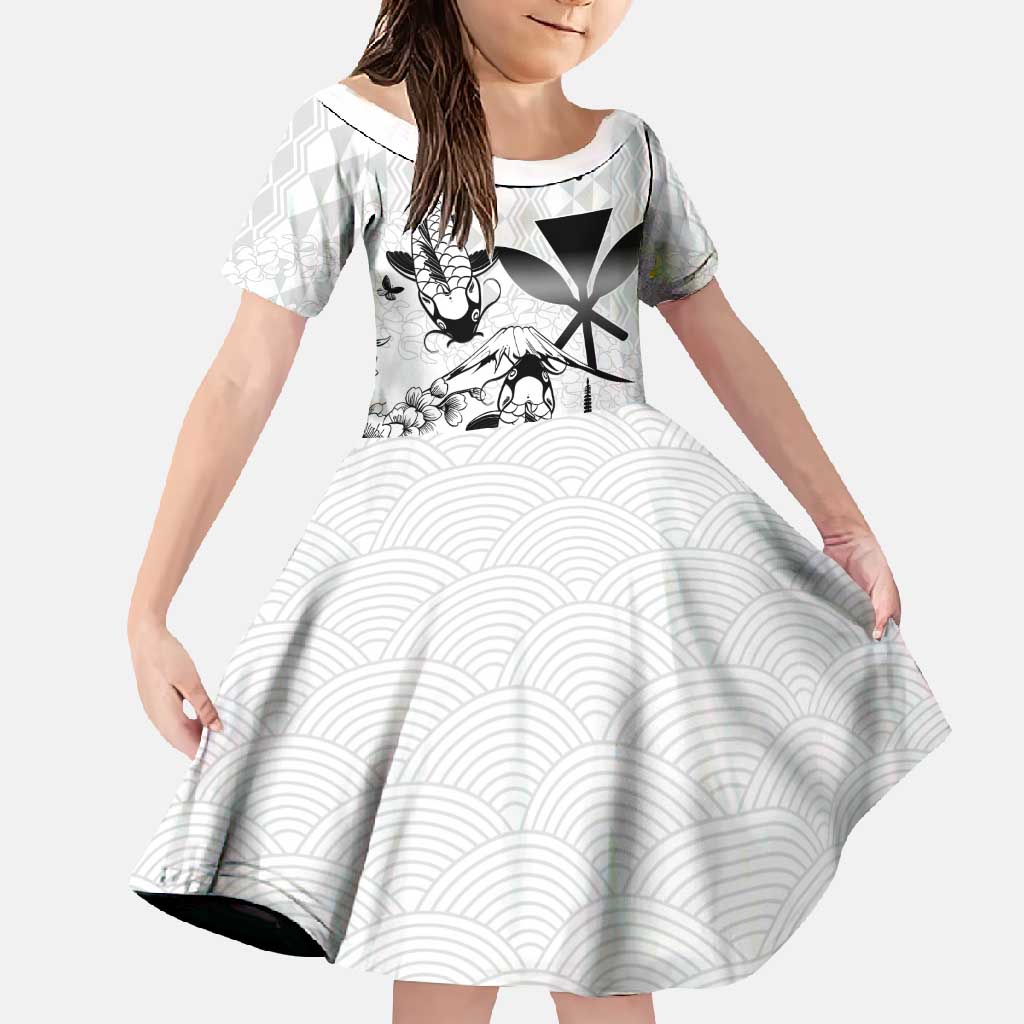 Japan And Hawaii Family Matching Off Shoulder Maxi Dress and Hawaiian Shirt Sakura Koi Fish Hawaiian Lei Kanaka LT14 Daughter's Dress White - Polynesian Pride