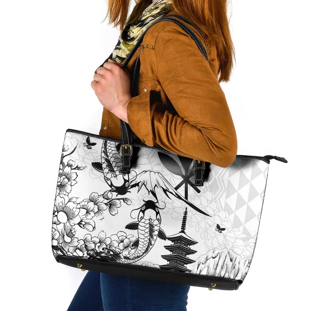 Japan And Hawaii Leather Tote Bag Sakura Koi Fish Hawaiian Lei Kanaka - Polynesian Pride