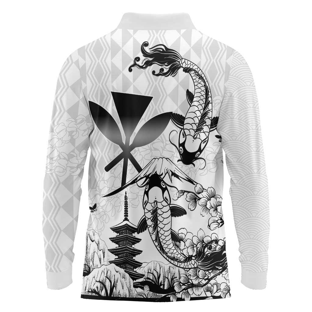 Japan And Hawaii Long Sleeve Polo Shirt Sakura Koi Fish Hawaiian Lei Kanaka - Polynesian Pride
