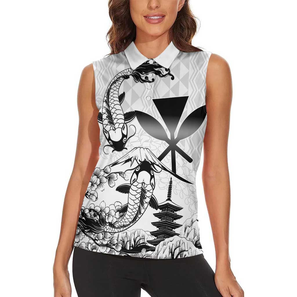Japan And Hawaii Women Sleeveless Polo Shirt Sakura Koi Fish Hawaiian Lei Kanaka LT14 - Polynesian Pride