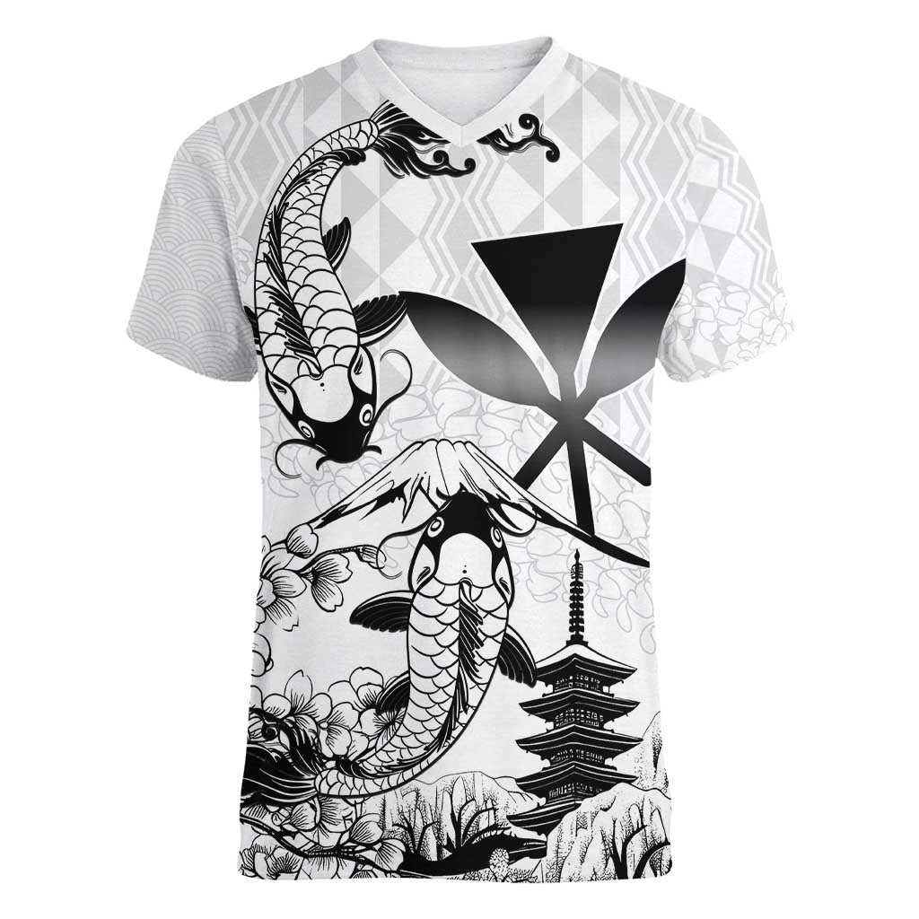 Japan And Hawaii Women V-Neck T-Shirt Sakura Koi Fish Hawaiian Lei Kanaka LT14 Female White - Polynesian Pride