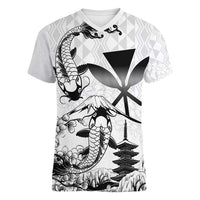 Japan And Hawaii Women V-Neck T-Shirt Sakura Koi Fish Hawaiian Lei Kanaka LT14 Female White - Polynesian Pride