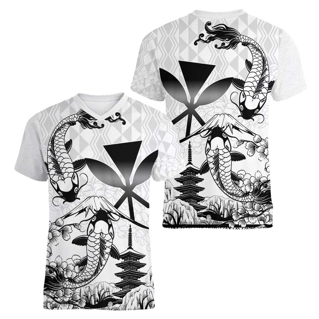 Japan And Hawaii Women V-Neck T-Shirt Sakura Koi Fish Hawaiian Lei Kanaka LT14 - Polynesian Pride