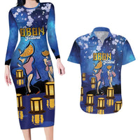Japan Obon Festival Couples Matching Long Sleeve Bodycon Dress and Hawaiian Shirt Sakura Lanterns With Bon Dance LT14 Blue - Polynesian Pride