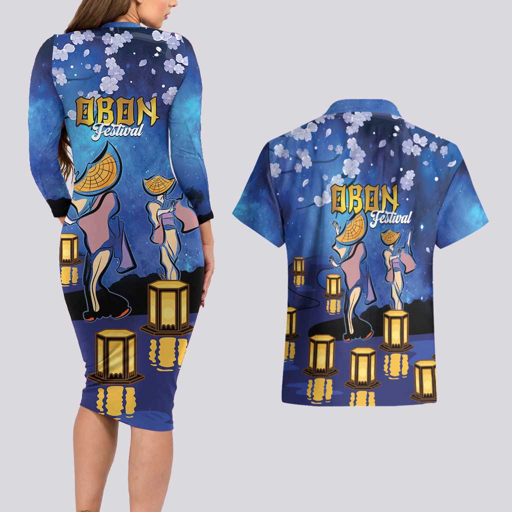 Japan Obon Festival Couples Matching Long Sleeve Bodycon Dress and Hawaiian Shirt Sakura Lanterns With Bon Dance LT14 - Polynesian Pride